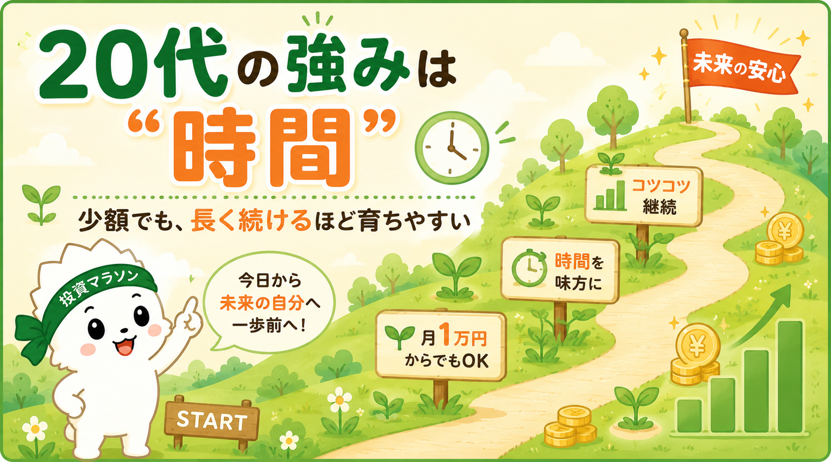 20代から積立投資を始める強み・時間と複利の力を説明する図解