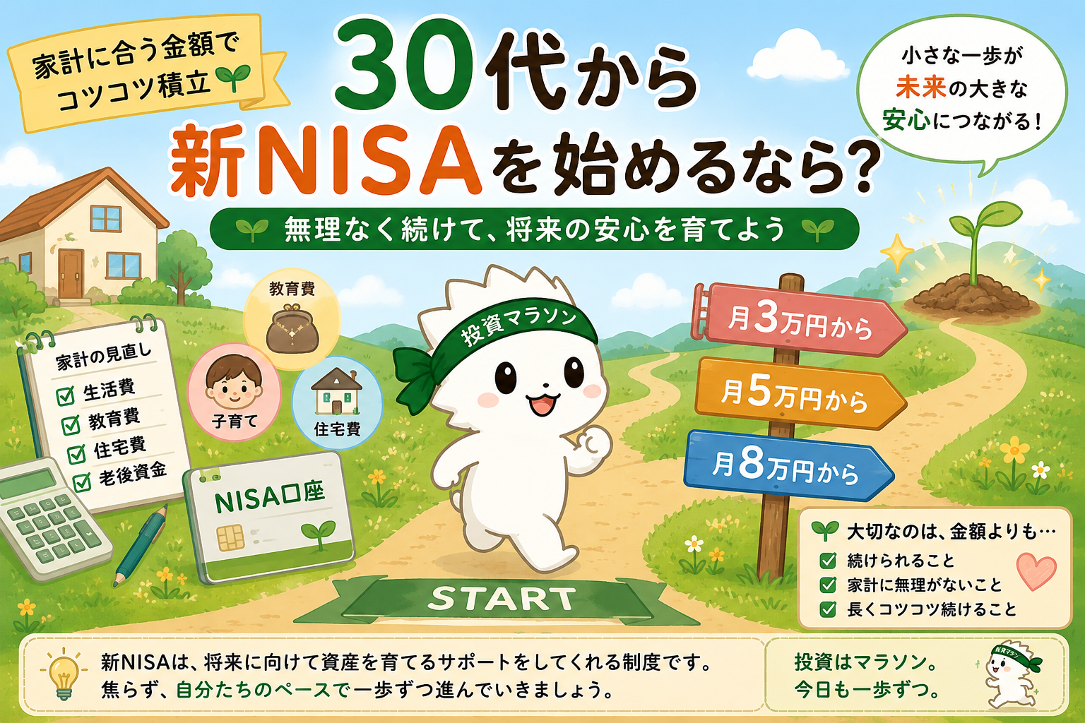 30代から新NISAを始めるなら家計に合う金額でコツコツ積み立てることを伝えるアイキャッチ画像