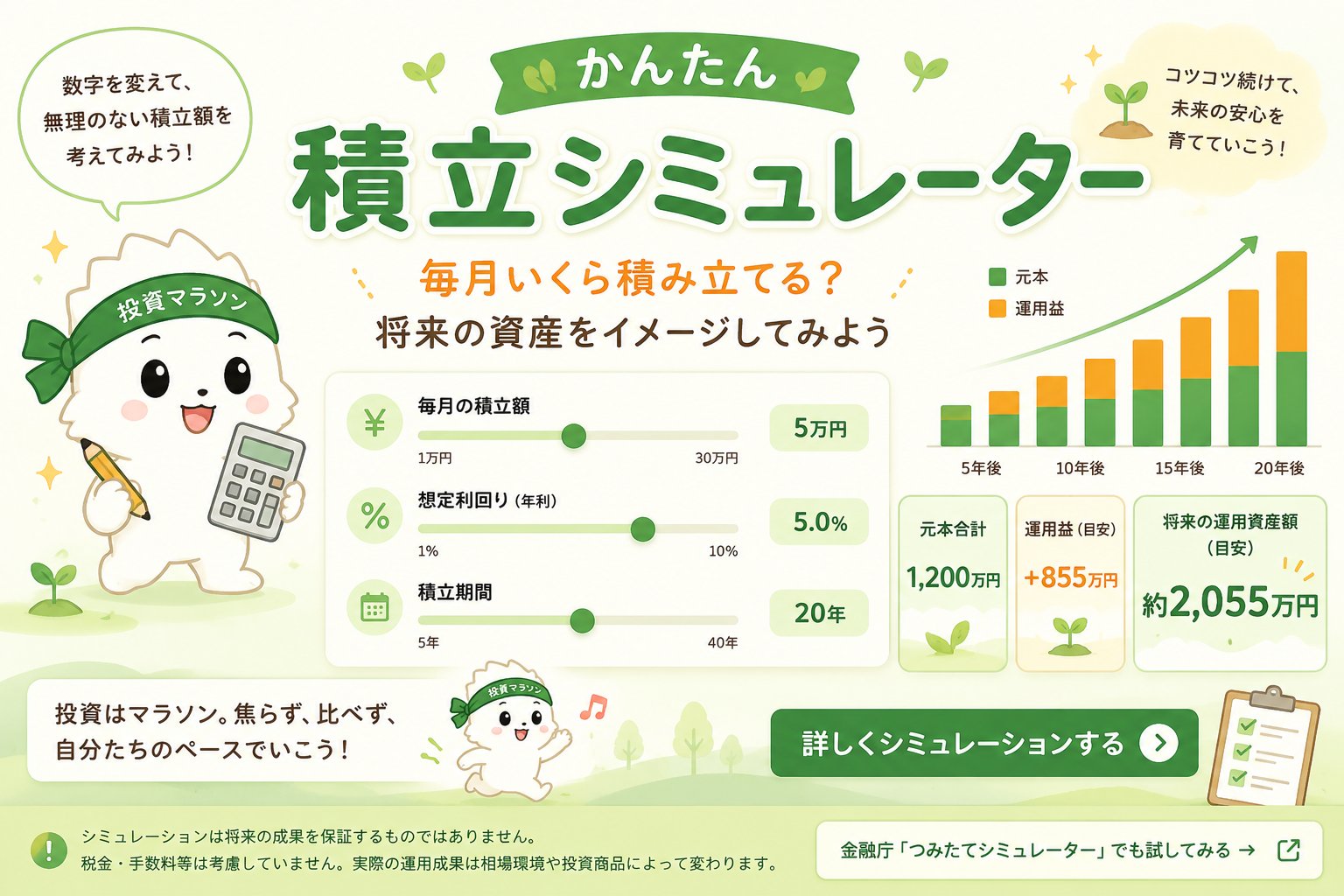 かんたん積立シミュレーターで毎月の積立額や想定利回りを変えて将来の資産をイメージする図解