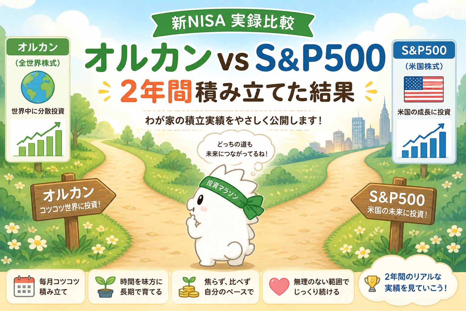 オルカンとS&P500を新NISAで2年間積み立てた結果を比較するアイキャッチ画像