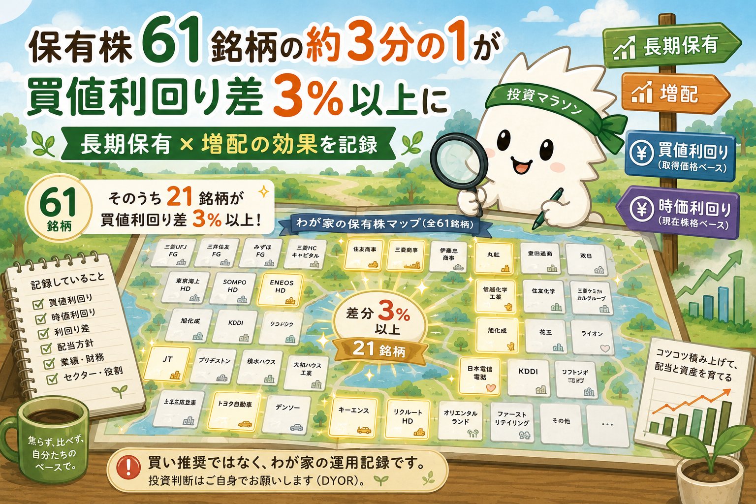 保有株61銘柄の約3分の1が買値利回り差3%以上になった運用記録を説明するアイキャッチ画像