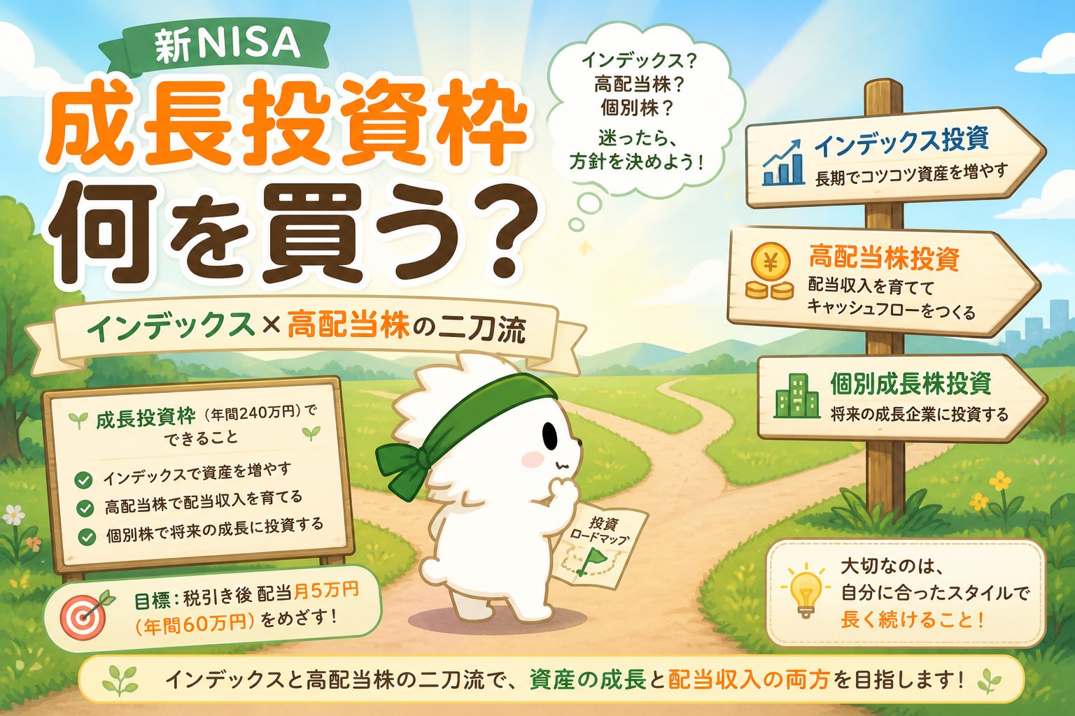 新NISAの成長投資枠で何を買うかを投資マラソンちゃんが案内するアイキャッチ画像