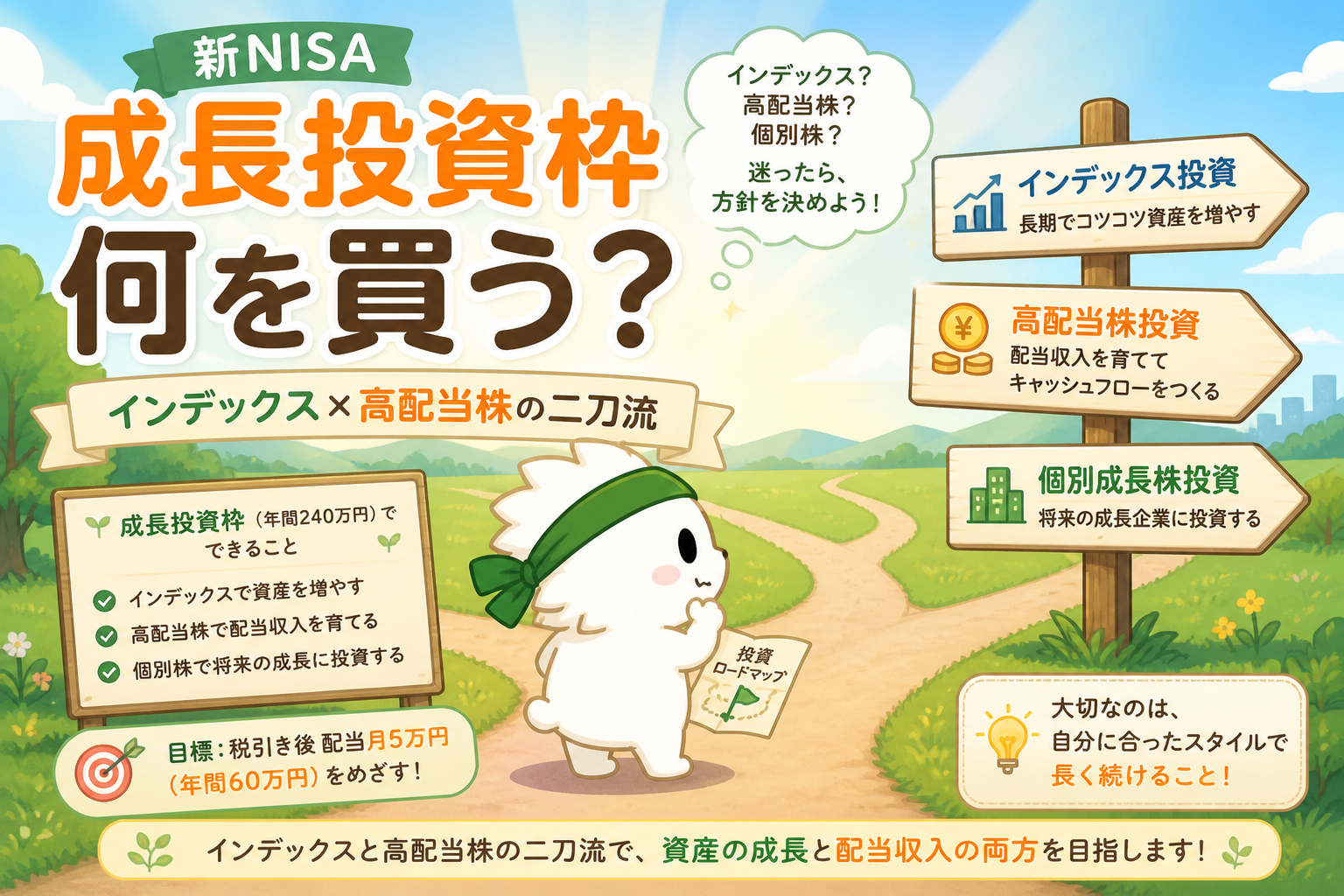 新NISAの成長投資枠で何を買うかを投資マラソンちゃんが案内するアイキャッチ画像