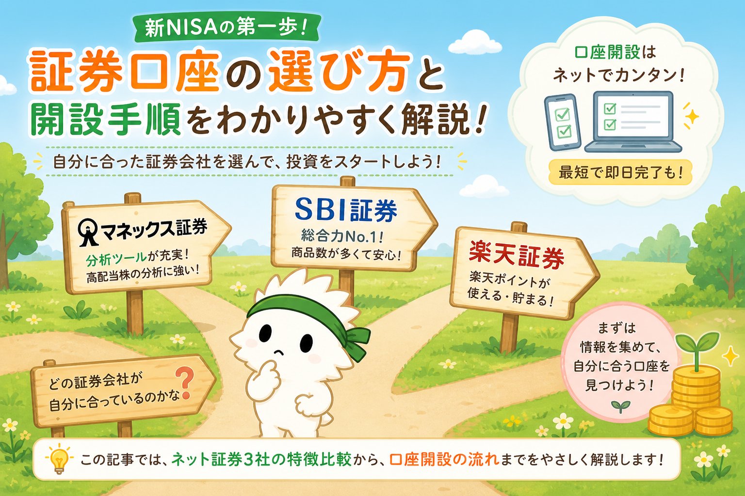 証券口座の選び方と開設手順を初心者向けに説明する投資マラソンちゃんのアイキャッチ画像