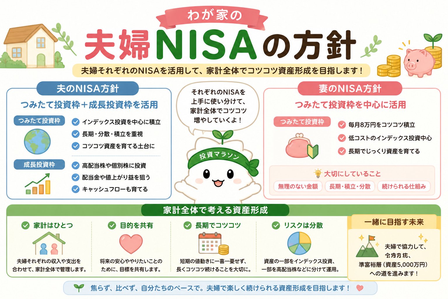 夫婦それぞれのNISA口座で非課税枠を最大化するわが家の夫婦NISA方針を説明する図解