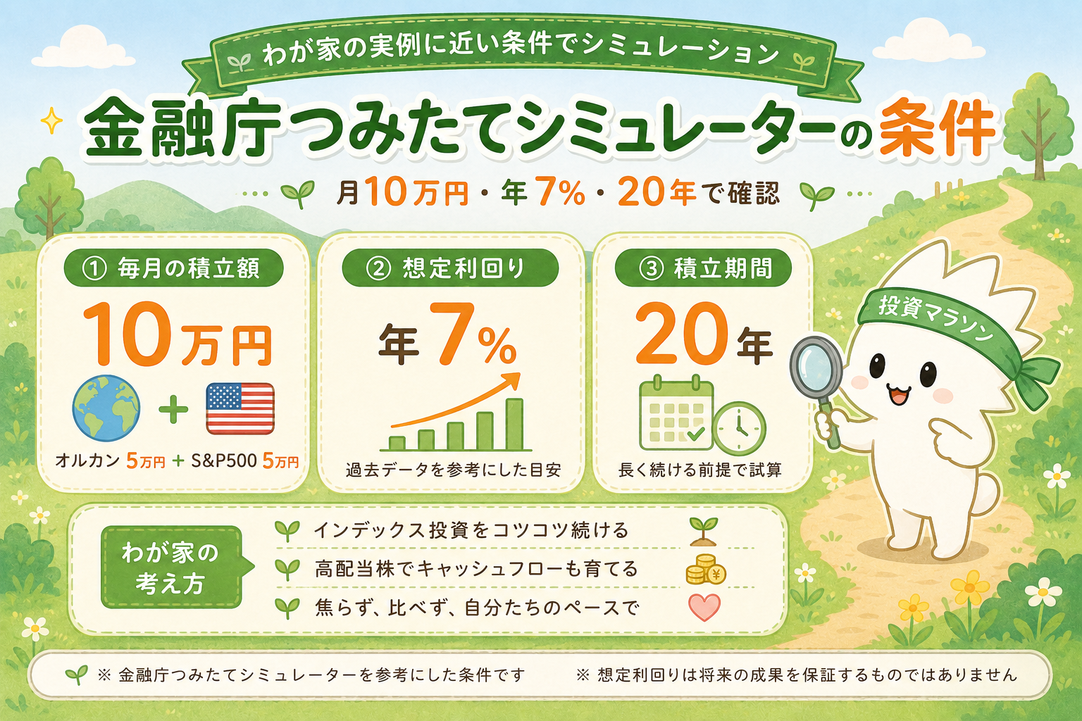 金融庁つみたてシミュレーターで月10万円・年7％・20年の条件を確認する図解