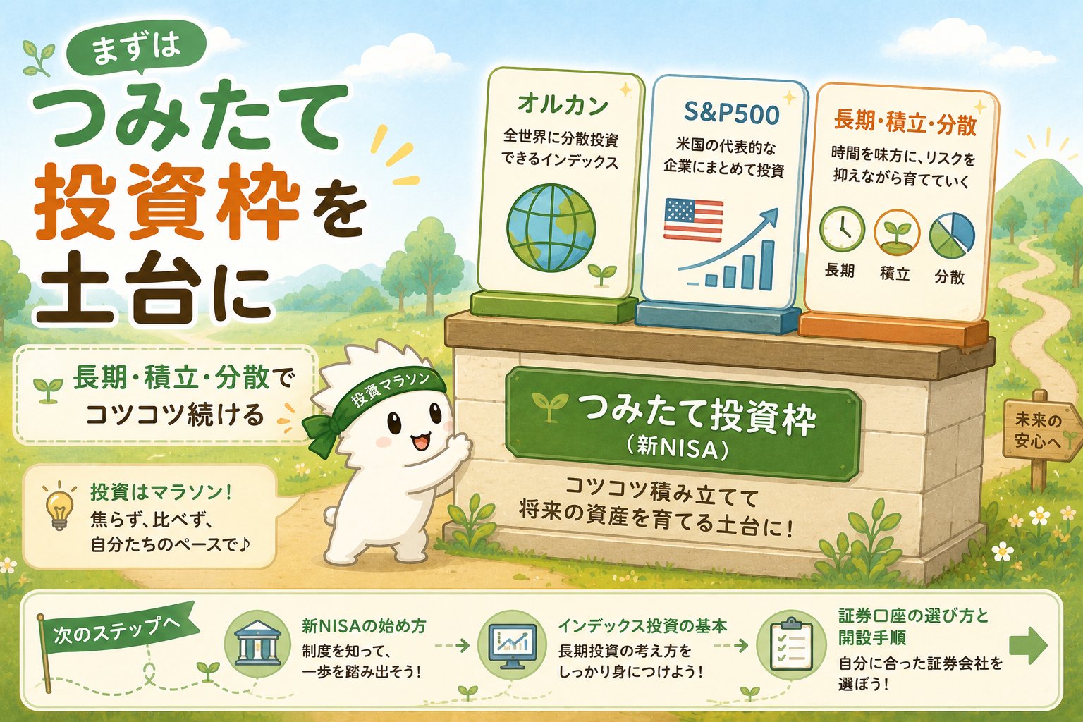 新NISAのつみたて投資枠を土台にしてオルカンやS&P500などで長期積立分散を続ける図解