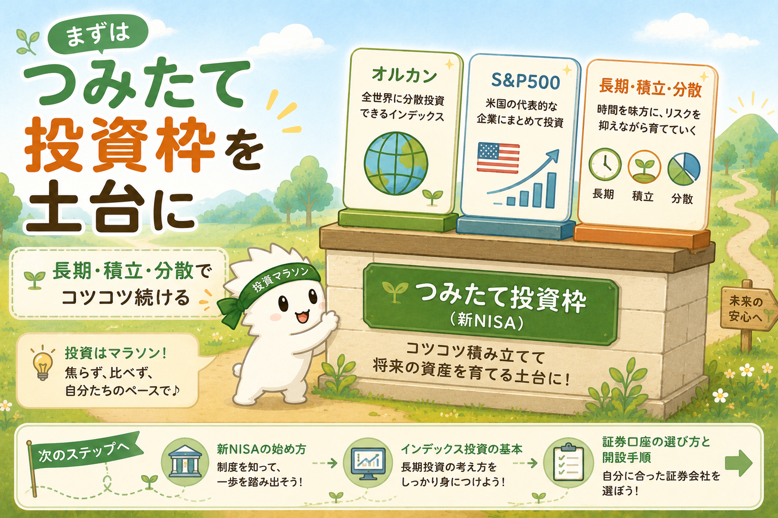 新NISAのつみたて投資枠を土台にしてオルカンやS&P500などで長期積立分散を続ける図解