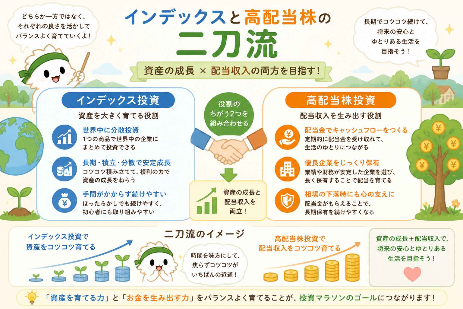 インデックス投資で資産拡大・高配当株でキャッシュフローという二刀流の考え方を示す図