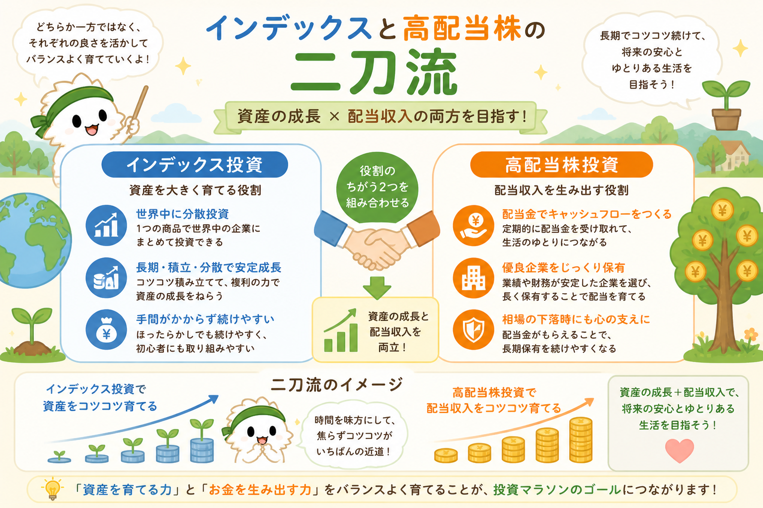 インデックス投資で資産拡大・高配当株でキャッシュフローという二刀流の考え方を示す図