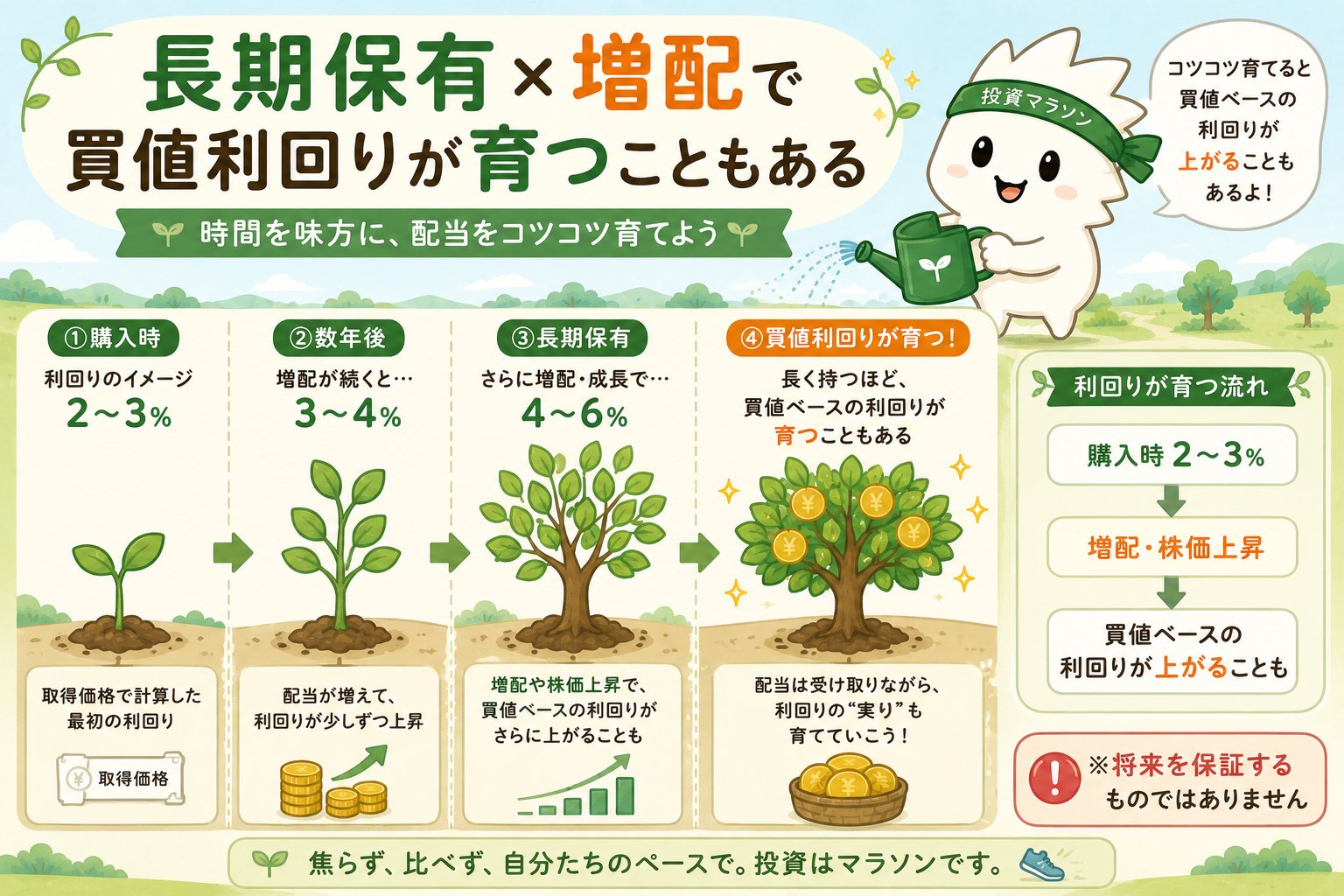 長期保有と増配によって買値ベースの利回りが育つこともあることを説明する図解