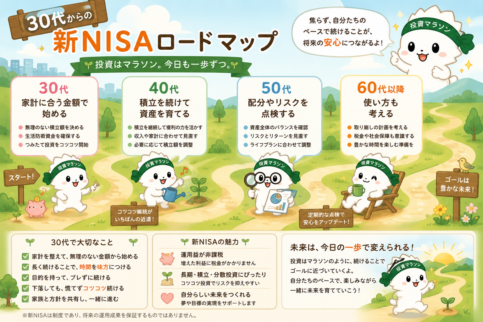 30代40代50代60代以降の新NISAロードマップを投資マラソンちゃんが進む図解