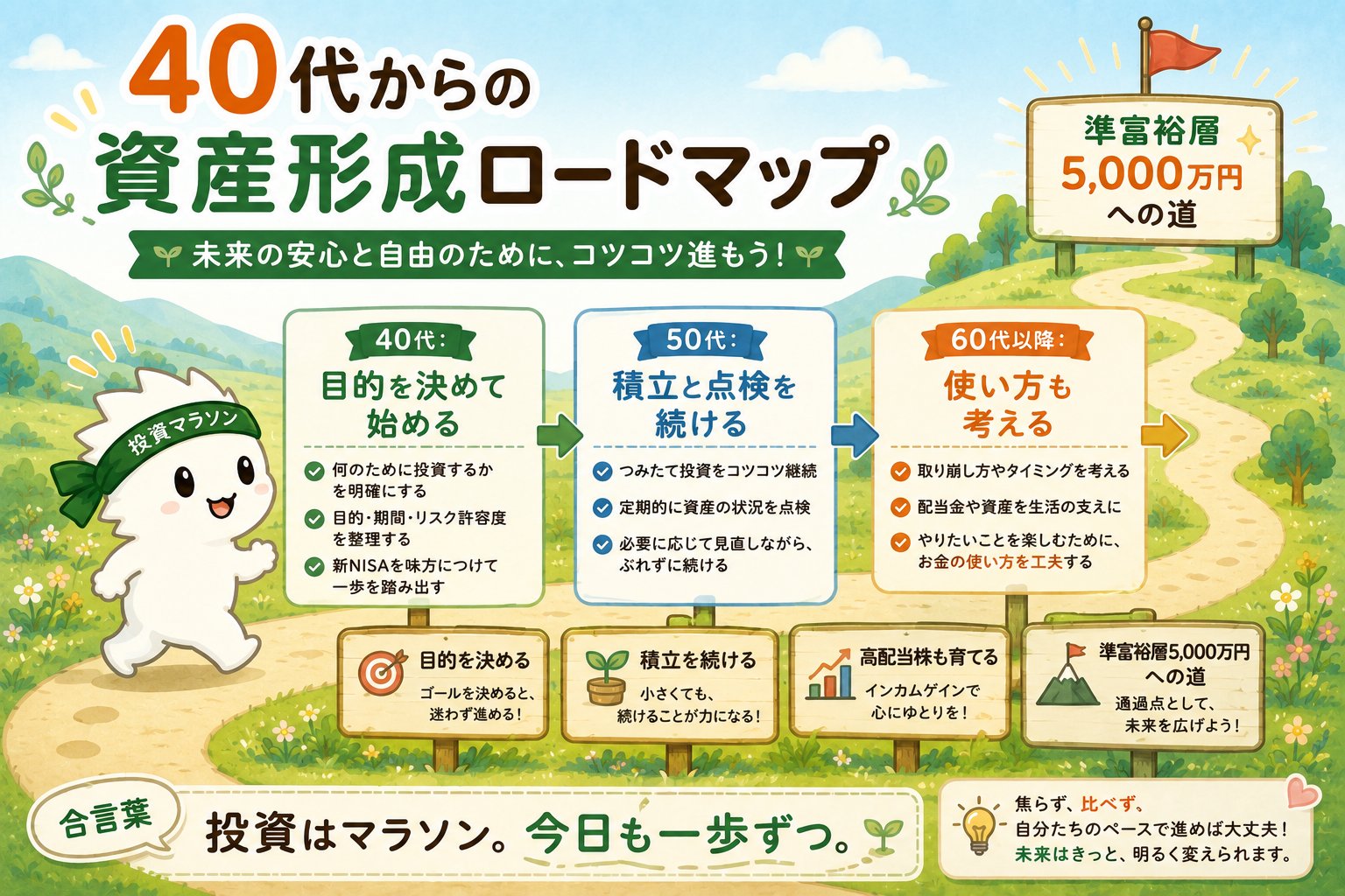 40代50代60代以降の資産形成ロードマップを投資マラソンちゃんが進む図解
