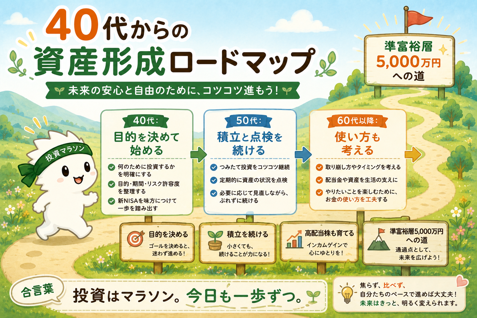 40代50代60代以降の資産形成ロードマップを投資マラソンちゃんが進む図解