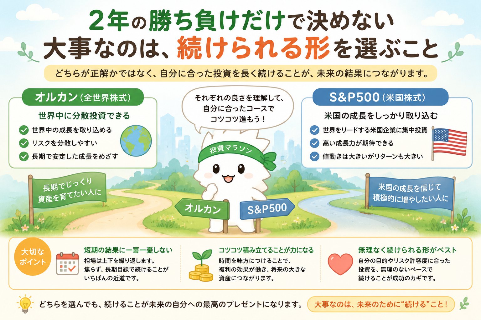 オルカンとS&P500の短期の勝ち負けだけでなく続けられる投資を選ぶ大切さを説明する図解