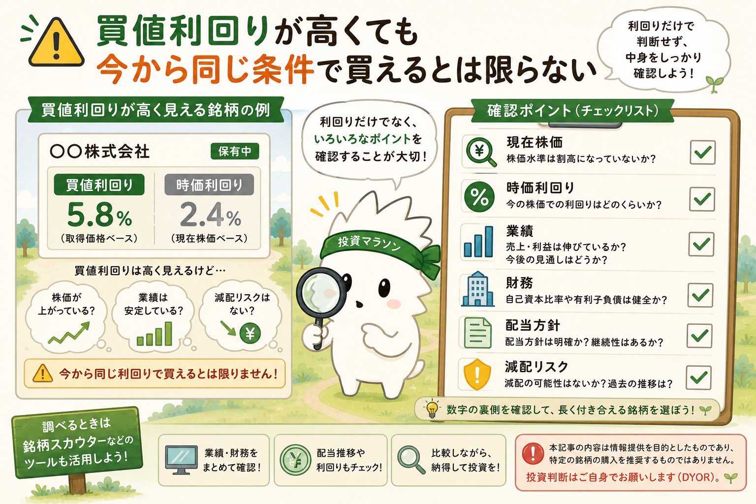 買値利回りが高く見える銘柄でも現在株価や時価利回りや業績や財務や配当方針を確認する必要があることを説明する図解
