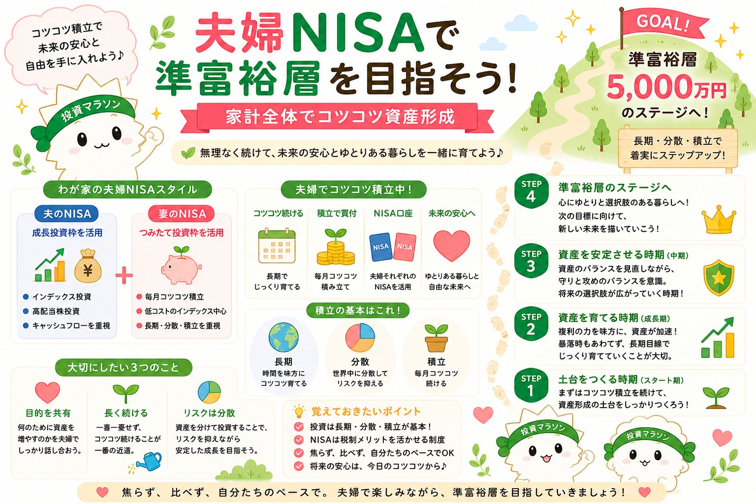 夫婦でNISAを活用して準富裕層1億円を目指すための長期積立戦略を示す図解