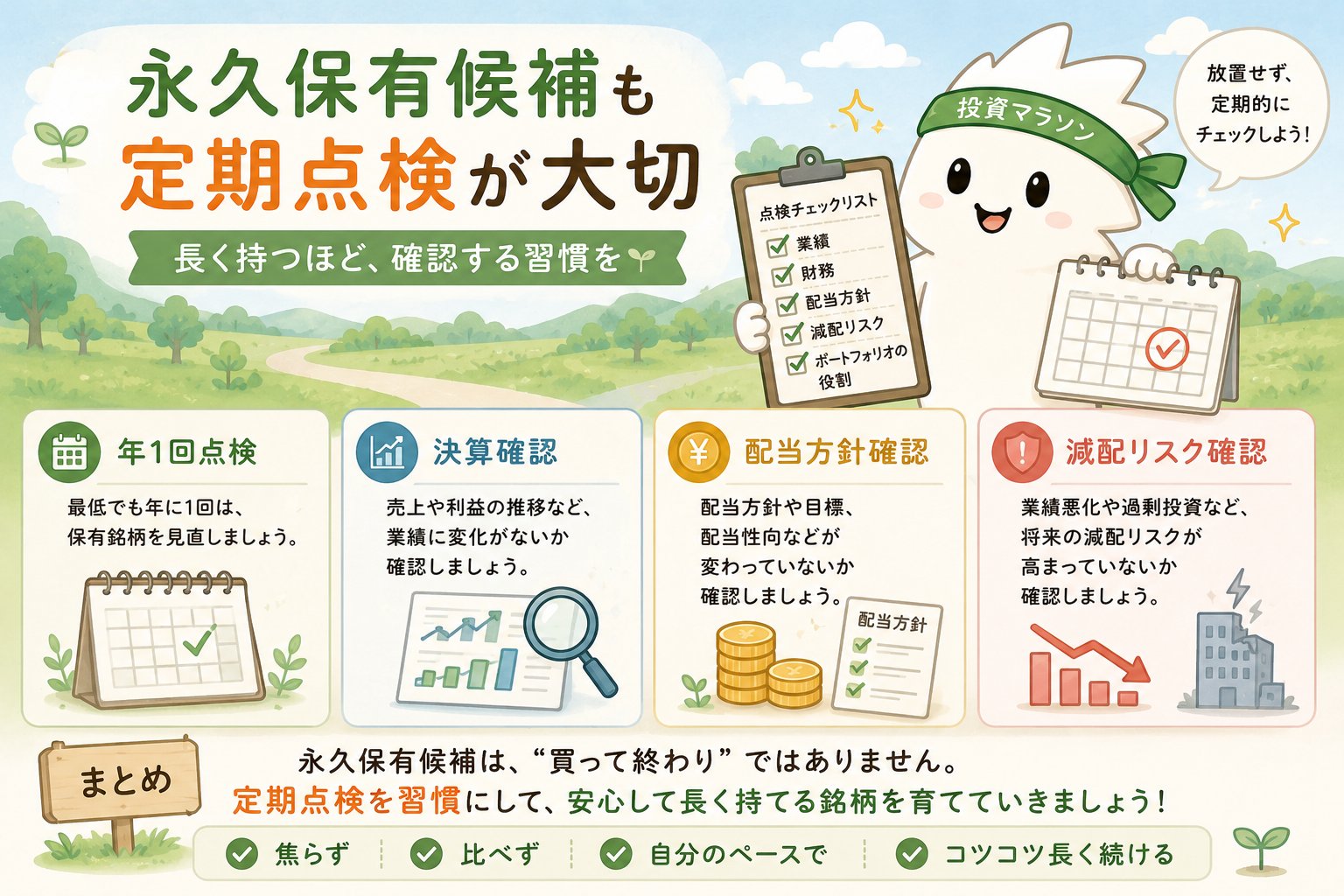 永久保有候補も年1回点検や決算確認や配当方針確認や減配リスク確認が大切であることを説明する図解